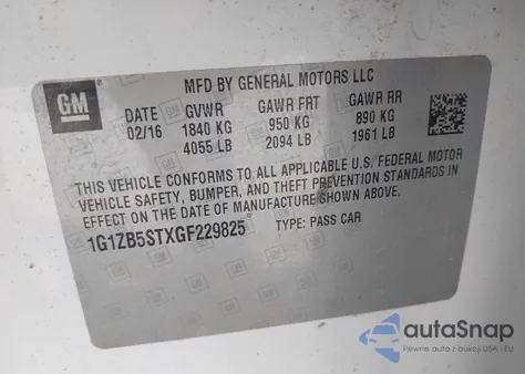 2016 Chevrolet Malibu Ls z USA, uszkodzony, nr VIN 1G1ZB5STXGF229825